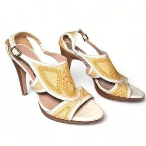 Salvatore Ferragamo Canvas Leather Platform Sandals Wedge Chunky Heel 7